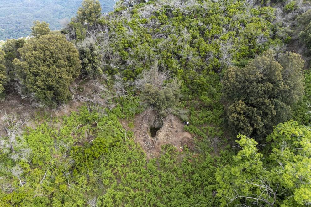 Puits à neige (nivera) de Cervione (Haute-Corse) - Vue aérienne de la nivera et de son champ de fougères / Cliché : François Bartolomei (Aix-Marseille Université - Laboratoire d'archéologie médiévale et moderne en Méditerranée).