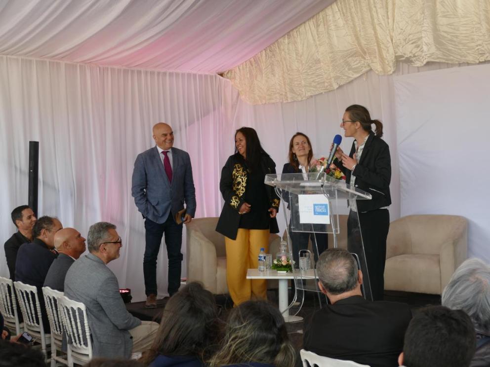 Thaenae (Sfax, Tunisie) : lancement officiel du projet Haya bina Thyna le 21 avril 2024 en présence de l'Ambassadrice de France Anne Guéguen et du Directeur général de l'Institut national du patrimoine Tarek Baccouche / Crédit : Rémi Rêve (Centre Camille Jullian).
